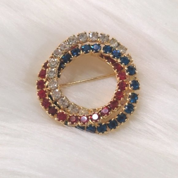 Red White Blue Goldtone Triple Ring Circle Brooch